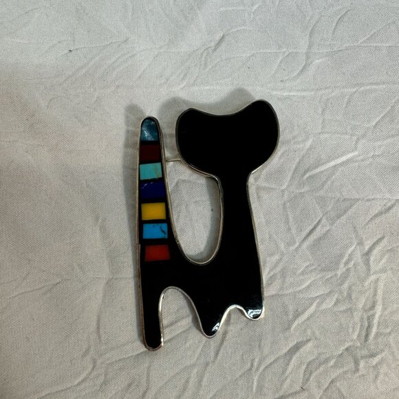 Abstract Cat Brooch Pin With Multicolor Enamel Accents & Silver Tone Finish 1980 - Picture 5 of 6